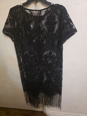 Black Lace Fringe Tunic Top